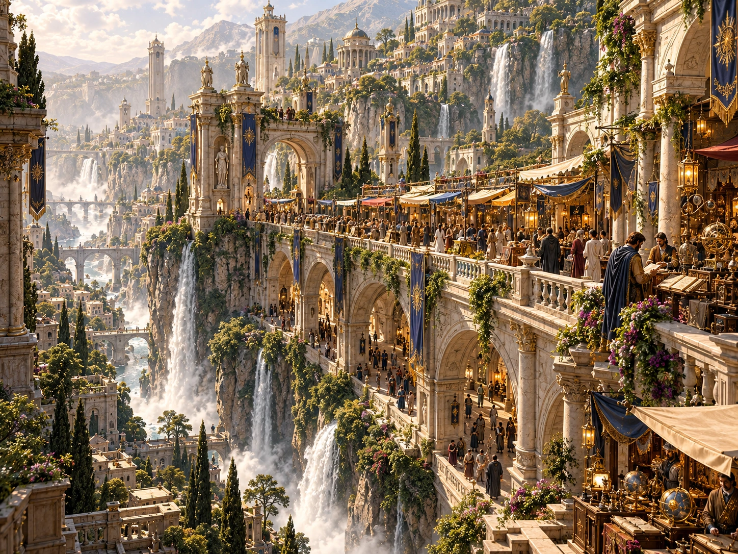 The Royal Mile of Naucratis, a two-storied market bridge spanning the waterfalls and ravines of Kalos Cliff