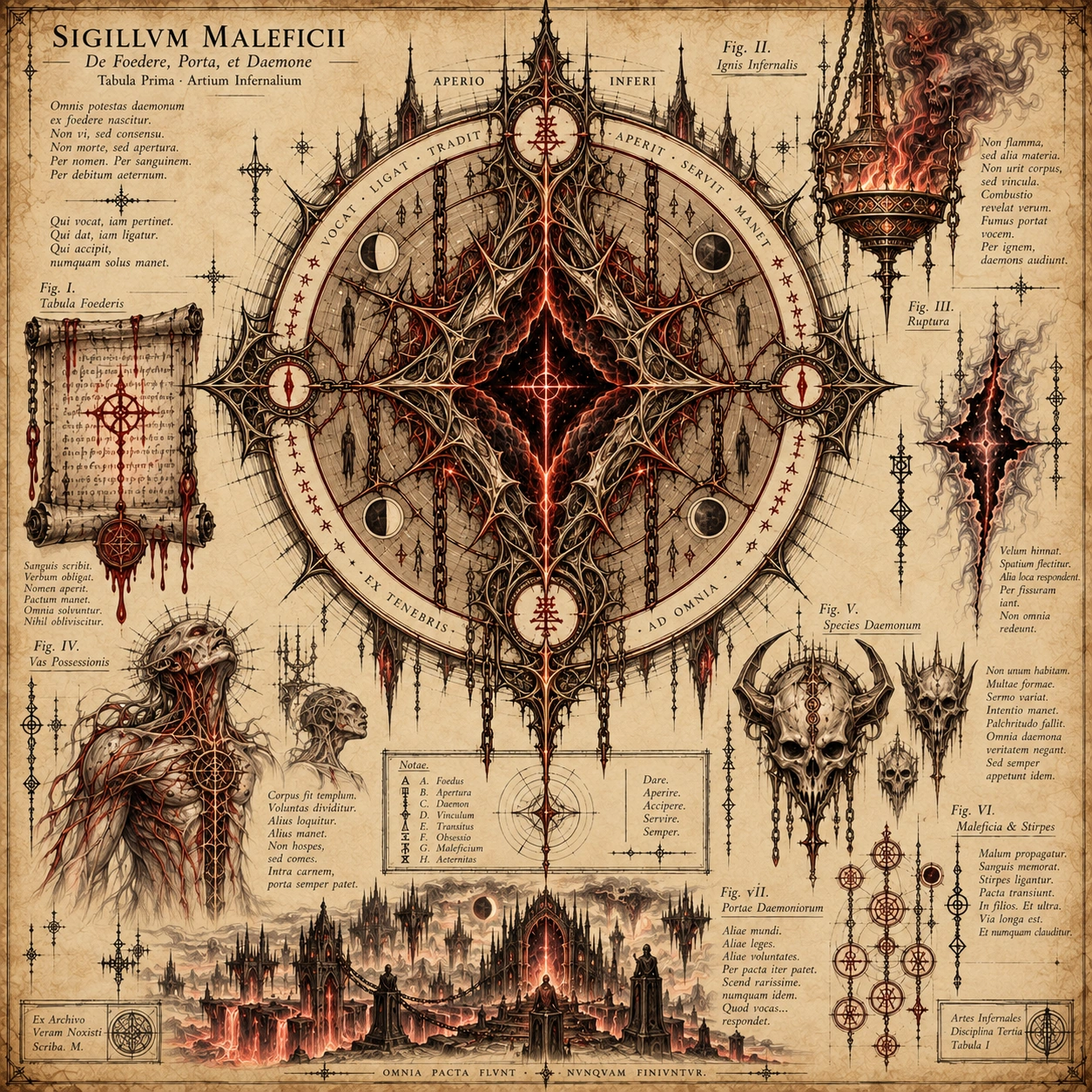 Sigillum Maleficii — the forbidden sigil of the Infernal Arts, depicting covenant, infernal fire, rupture, possession, demonic forms, inherited malefic bonds and gates between worlds.