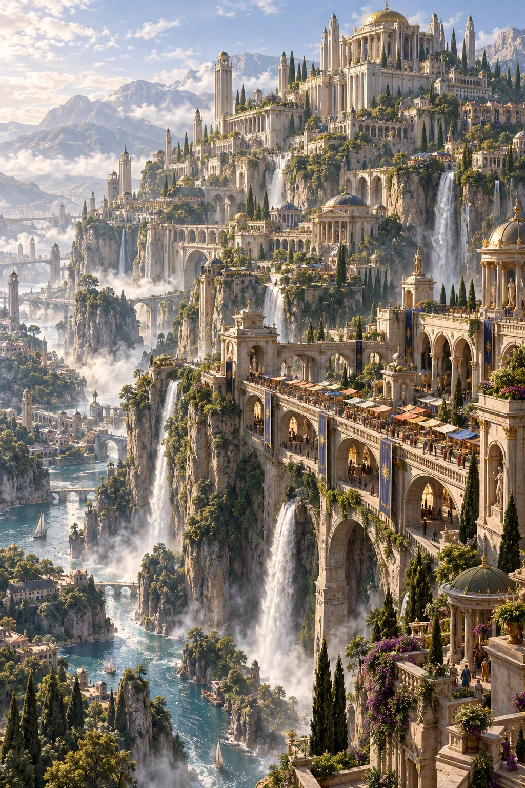Naucratis, capital of the Celia Territory, rising across the verdant heights of Kalos Cliff above the Achilos River