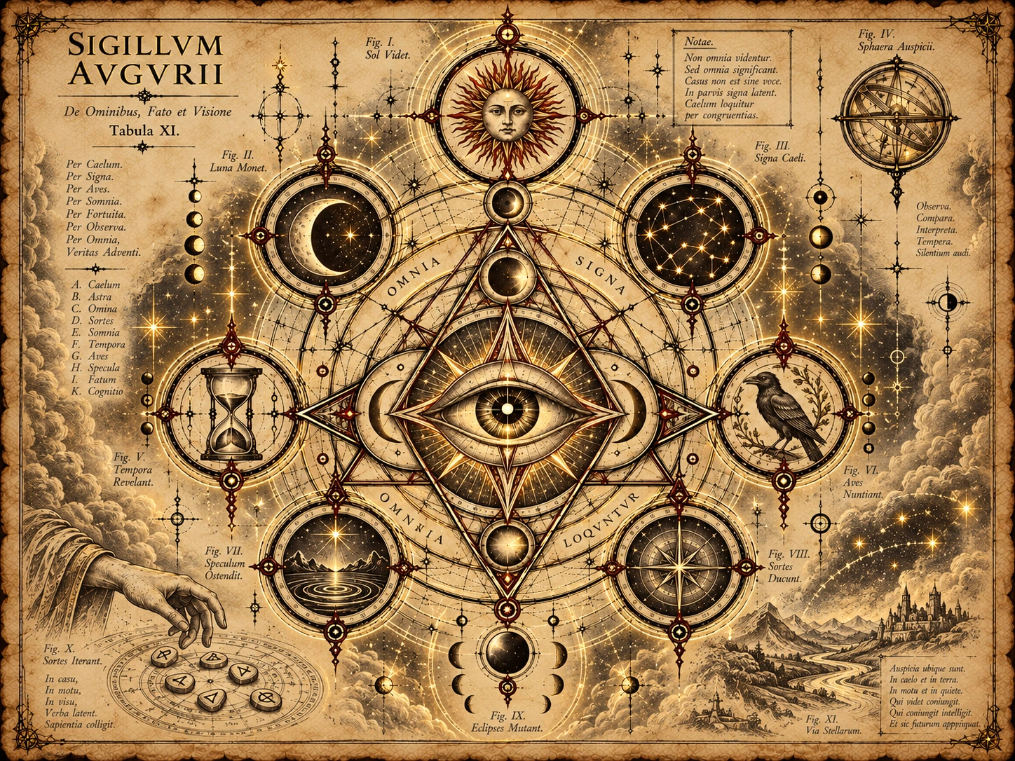 Sigillum Augurii, the ancient sigil of Augury depicting celestial signs, time, omen, mirrors, lots, eclipses, ravens and the paths of the stars.