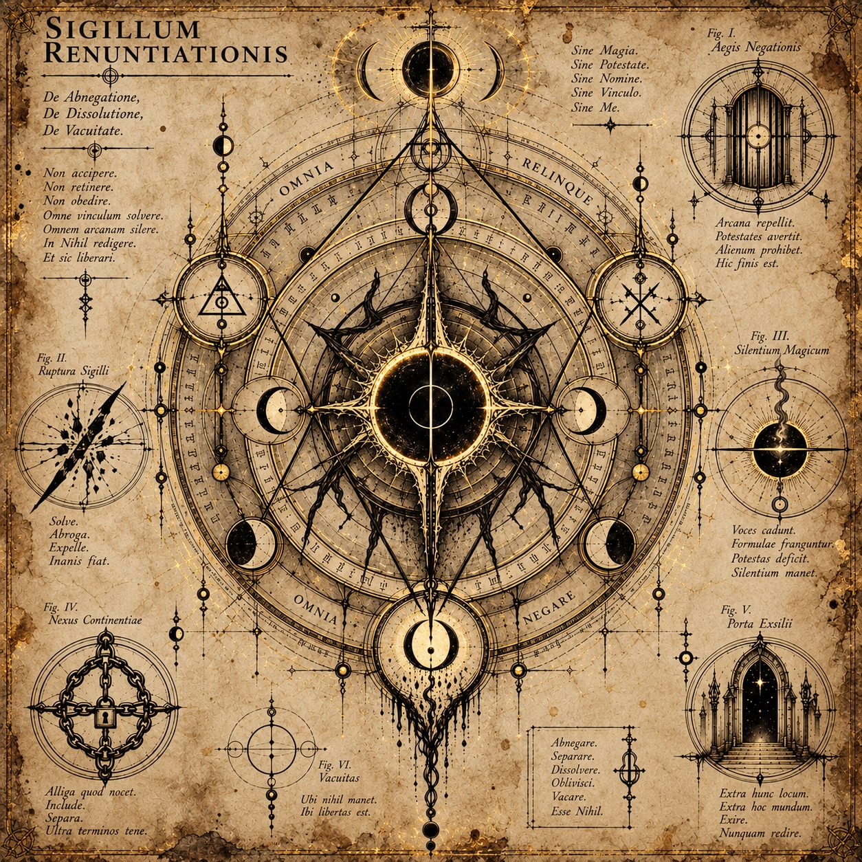 Sigillum Renuntiationis, the ancient sigil of Renunciation depicting warding, severance, magical silence, containment, banishment and vacuity.