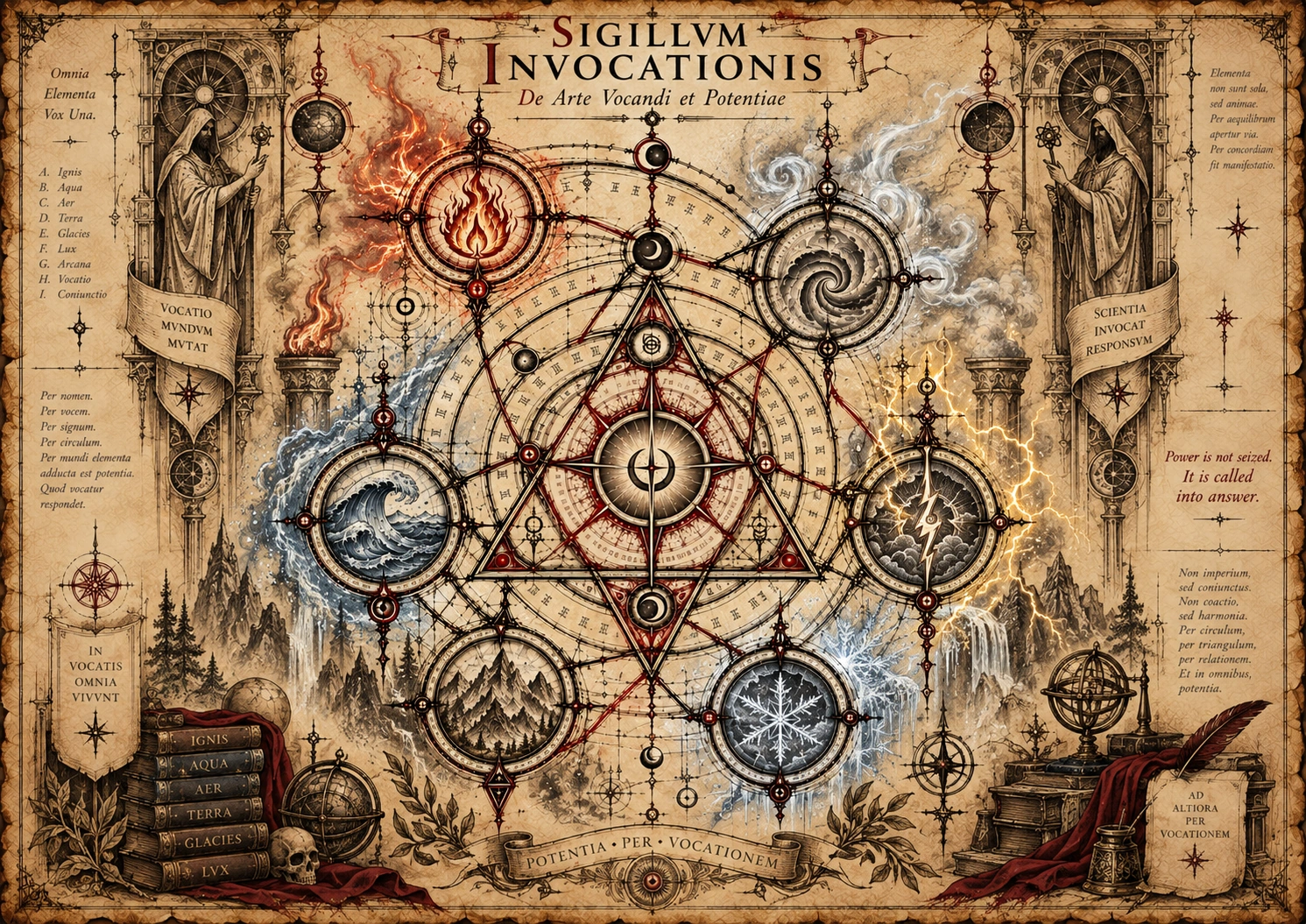 Sigillum Invocationis, the ancient sigil of Invocation depicting the elemental manifestations of fire, air, storm, water, earth, frost and light.